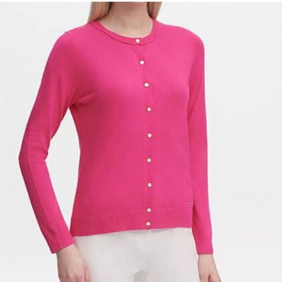 Calvin Klein Women's XL Pink Cardigan 100% Cotton Gold Buttons Long-Sleeve Shirt - Picture 1 of 8